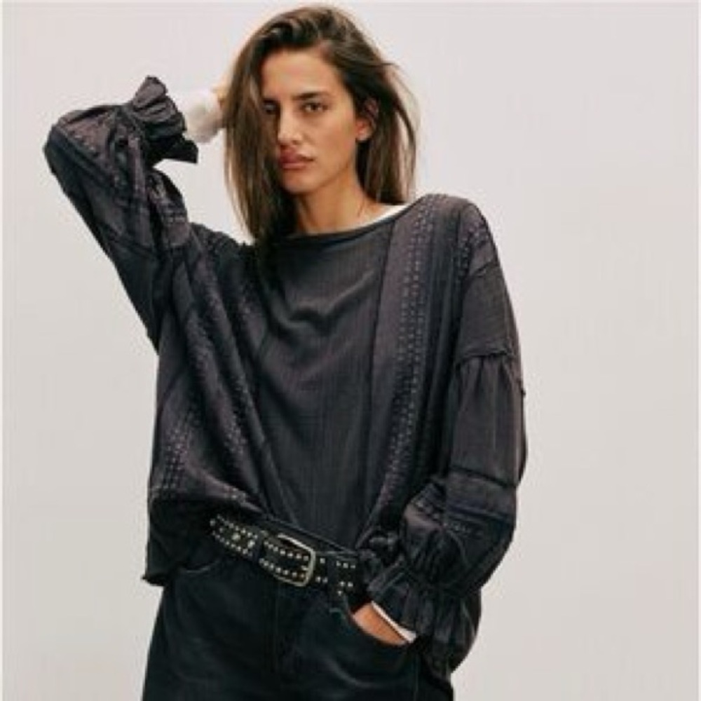 We The Free Dark Gray Blouse with Puff Sleeves